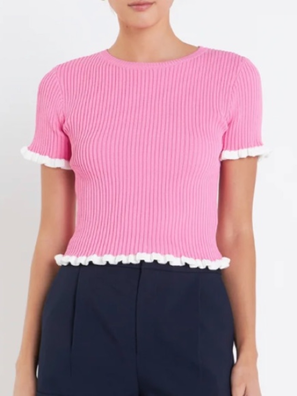 English Factory RUFFLE DETAILED KNIT TOP Pink/White XS NWT